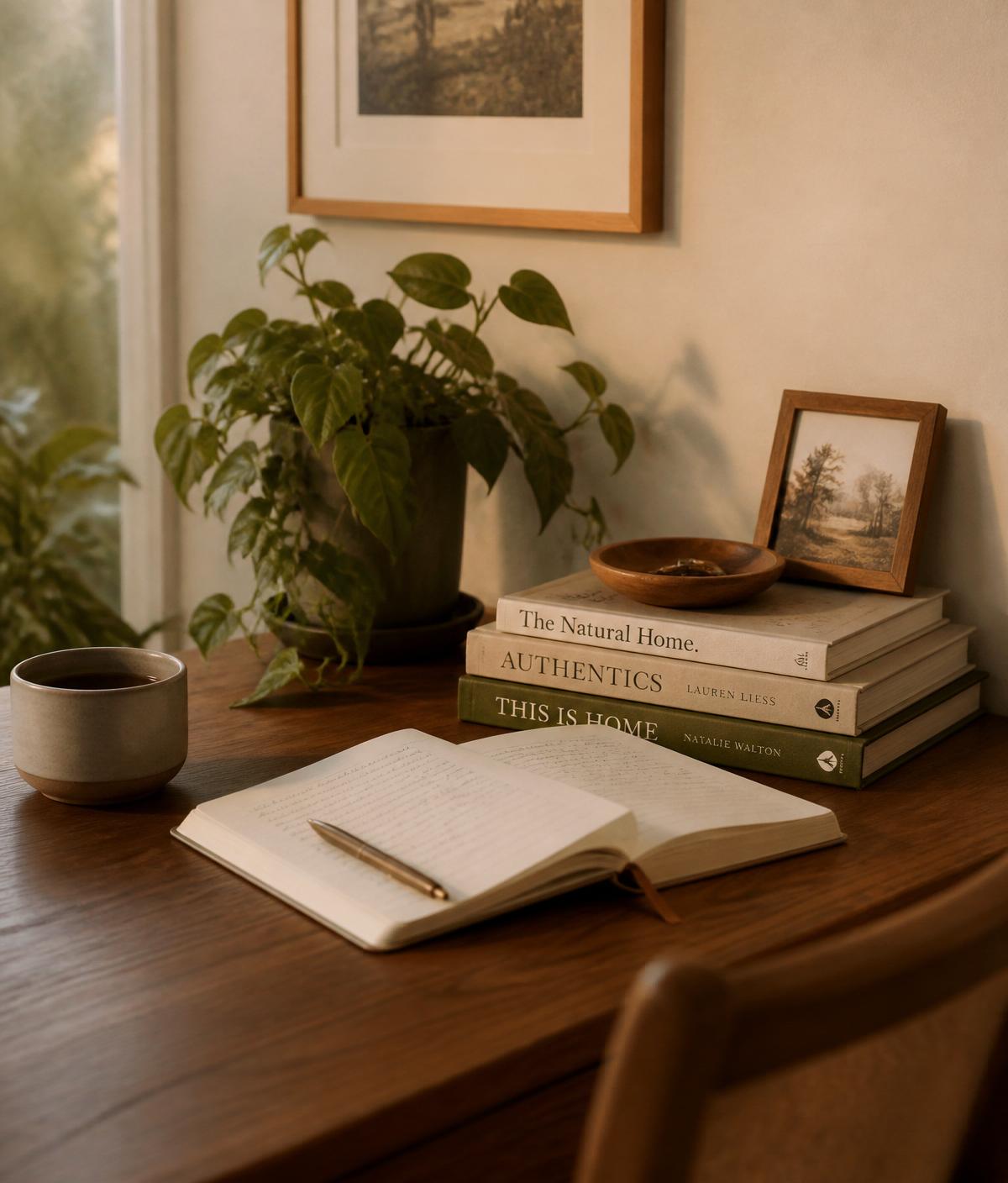 A quiet study nook with journal and plants